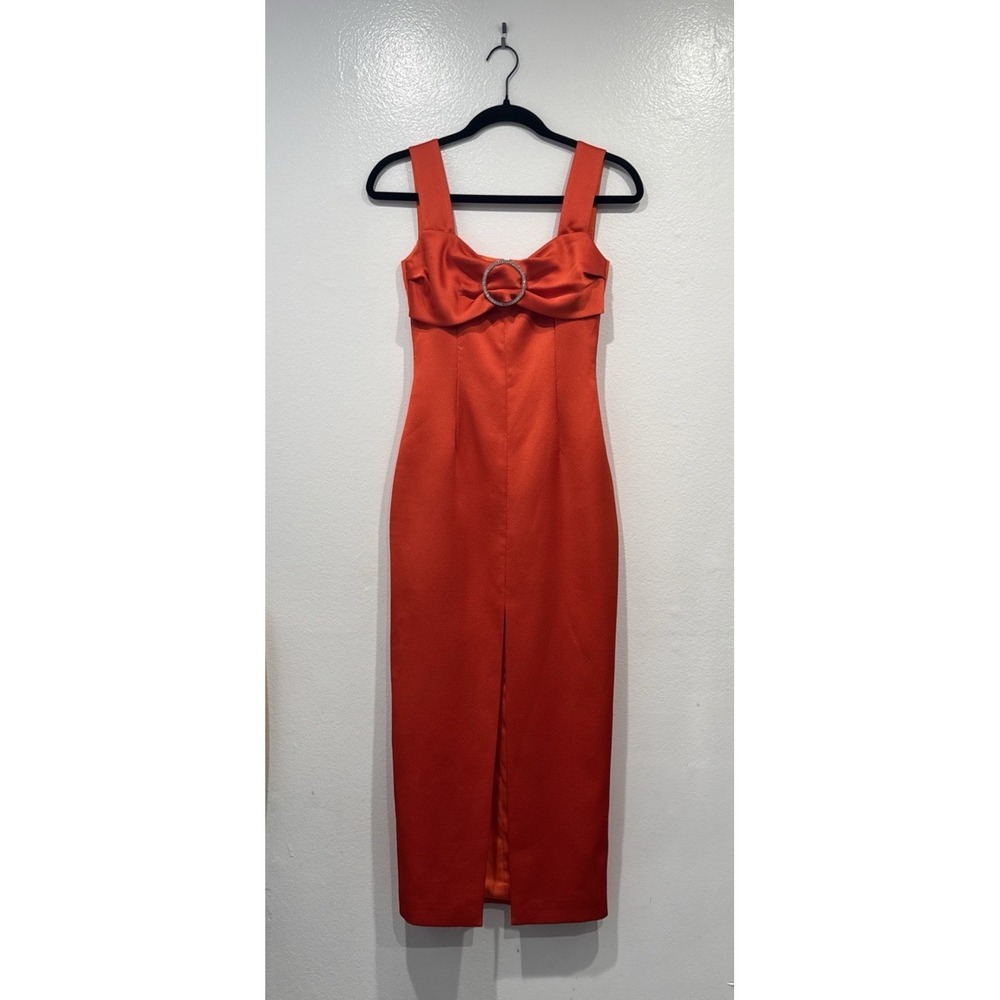 RASARIO MIDI Dress Orange Satin Crystal Ring Cocktail Size FR 34 Bling Glam Slit